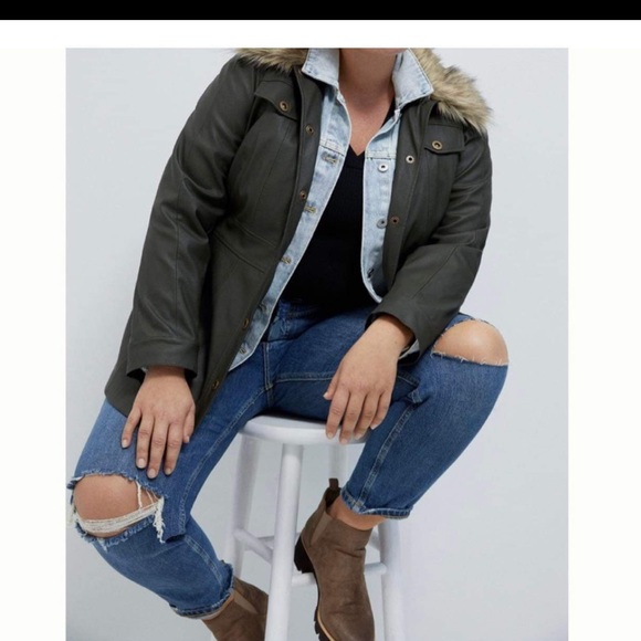 Anthropologie Green Leather Jacket, Removable Fur Color, Size 16W - Picture 1 of 6